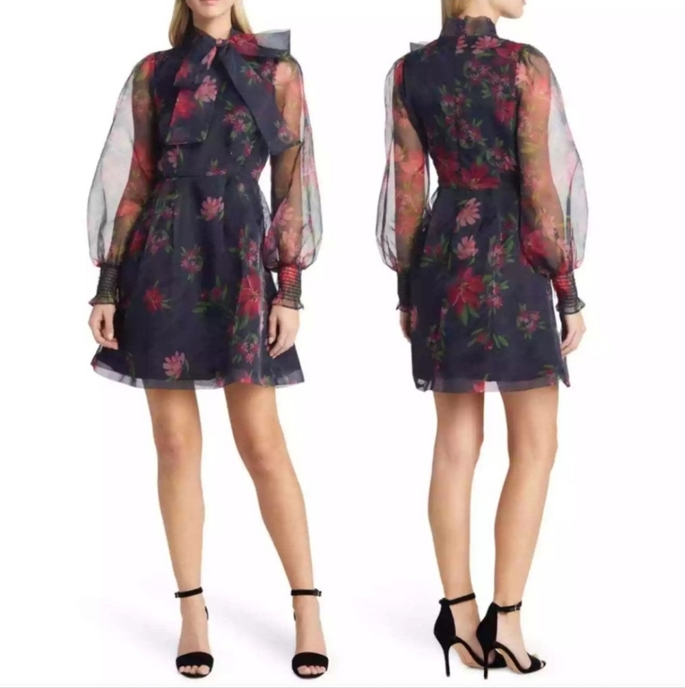 Rachell Parcell Women's Black Floral Tie Neck Organza Floral Mini Dress